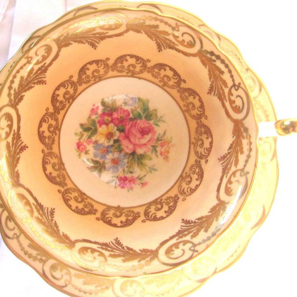 Foley Tea Cup and Saucer Hand Painted Floral Heavy Gold French Loop Handle  H235